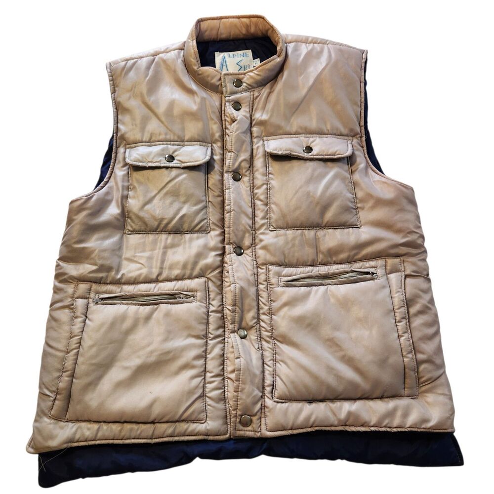 Vintage Alpine Ski Mens M Beige Puffer Jacket Vest Snap Retro Outdoor Hiking